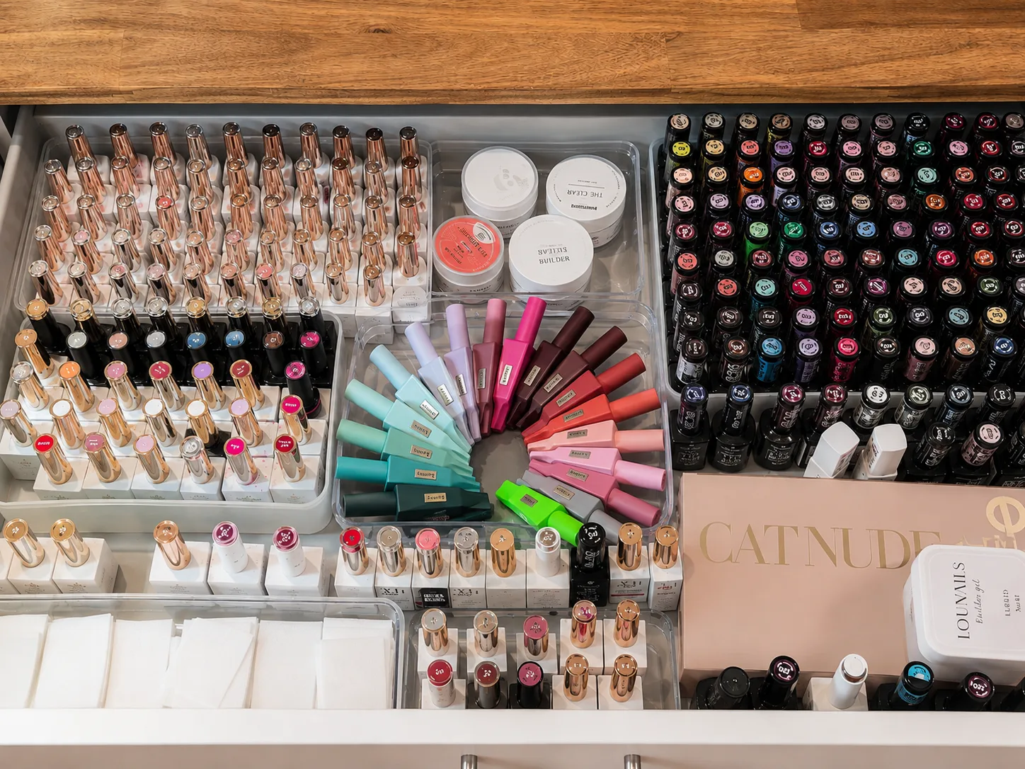Vernis semi-permanents et gels professionnels rangés dans le meuble de travail du salon