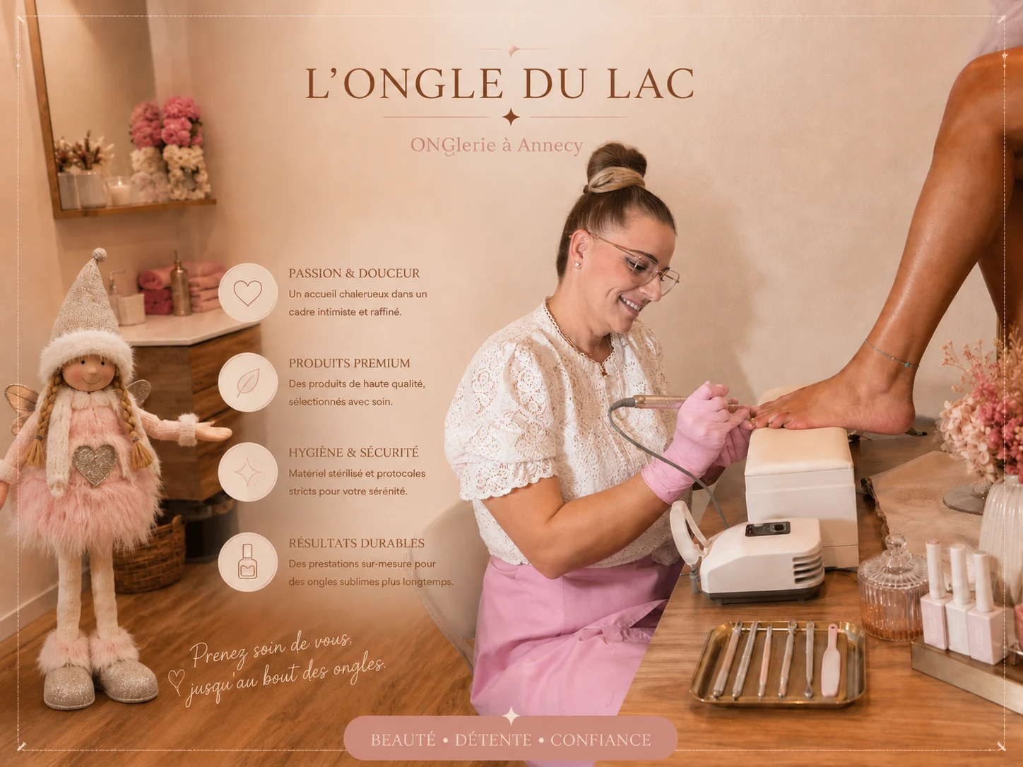 Cindy en soin des pieds au salon A l'Ongle du Lac : passion, produits premium, hygiène et résultats durables